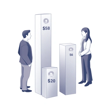 An illustration showing male and female figures positioned side by side. Each figure stands next to a vertical salary bar that visually represents different salary amounts. The male figure is on the left, and the female figure is on the right. The salary bars are labeled with corresponding amounts, indicating the pay gap. The overall layout is structured and clear, making the comparison easy to understand. The figures are simplistic and stylized, emphasizing the focus on the salary bars and the disparity between the two.