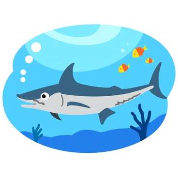 A sleek barracuda with sharp, elongated teeth is swimming swiftly through bright, blue waters. Its shiny silver scales reflect light as it darts after a school of small, colorful fish. The school consists of various fish, including small yellow and orange ones, all swimming close together in a tight formation. Bubbles trail behind the barracuda, emphasizing its speed. The underwater scene is filled with gentle waves of light filtering down from the surface, and some coral formations can be seen in the background.