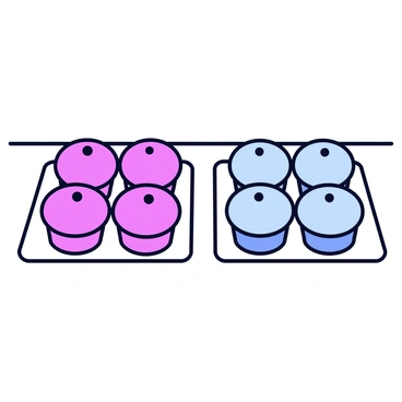 Two trays of cupcakes sitting side by side on a white table. The first tray holds six cupcakes with bright pink icing, each topped with a small sprinkle. The second tray contains four cupcakes with light blue icing, also adorned with sprinkles. Each tray clearly displays the different icing colors, visually representing an equivalent ratio between the two sets of cupcakes.