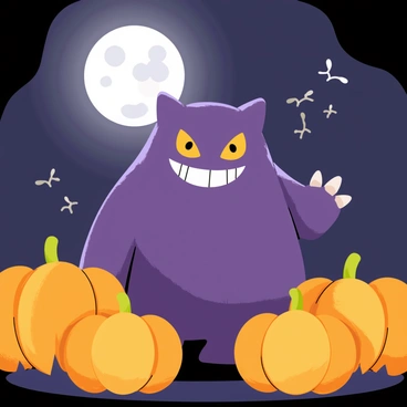 A Gengar with a round, purple body and a wide, mischievous grin stands in the center of a patch of pumpkins. The pumpkins are glowing with a warm orange light, creating an enchanting atmosphere. Above, a bright full moon casts its silvery light, illuminating the scene and highlighting the Gengar's shadowy form. Wisps of mist float around the pumpkins, adding to the spooky ambiance of the night.