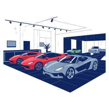 A sleek showroom features several luxury cars, each gleaming under bright white spotlights. The walls of the showroom are polished and reflect the light, enhancing the luxurious atmosphere. Each car, in different colors, is positioned at angles that showcase their elegant designs and aerodynamic shapes. There are minimalist furnishings, with a stylish reception desk made of glass and metal in one corner. The floor is made of shiny black tiles, adding to the sophisticated ambiance of the space.