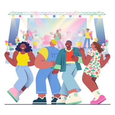 A group of friends with diverse appearances is gathered at a music festival, dancing joyfully. There are four friends: one has long curly black hair wearing a bright yellow tank top, another has short blonde hair in a denim jacket, the third has a shaved head with colorful tattoos wearing a red t-shirt, and the last friend has wavy brown hair tied back wearing a floral dress. They are surrounded by vibrant, colorful lights illuminating the scene, creating a festive atmosphere. In the background, a large stage is visible with a band performing. Spectators are standing and cheering, creating a lively environment filled with excitement.