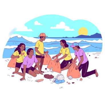 A diverse group of volunteers is actively picking up trash along a beautiful beach. The volunteers, varying in age and ethnicity, are wearing colorful t-shirts and hats. Some are kneeling while others stand, carefully collecting trash in large orange bags. In the background, gentle waves are rolling onto the shore, creating a rhythmic motion. The sun is shining brightly, casting light on their efforts as they work together to keep the beach clean. There are seashells scattered on the sand, adding to the beach's natural beauty.
