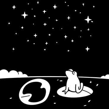A frog sitting on a lily pad in a tranquil pond, with its body positioned upright as it gazes up at a sky filled with numerous twinkling stars. The stars vary in size and brightness, scattered across the dark expanse of the night sky. Reflections of the stars shimmer gently on the surface of the water around the lily pad. Silhouetted trees frame the scene, adding depth to the peaceful atmosphere.