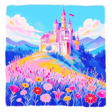 A book cover features a fairytale castle with tall, ornate towers and a flag waving from the highest point. The castle is situated atop a gently rounded hill. Surrounding the hill, a vibrant array of blooming flowers in various colors adds to the enchanting scene. The sky above is clear with a few soft clouds, providing a bright backdrop to the castle. The overall composition gives a sense of wonder and magic.
