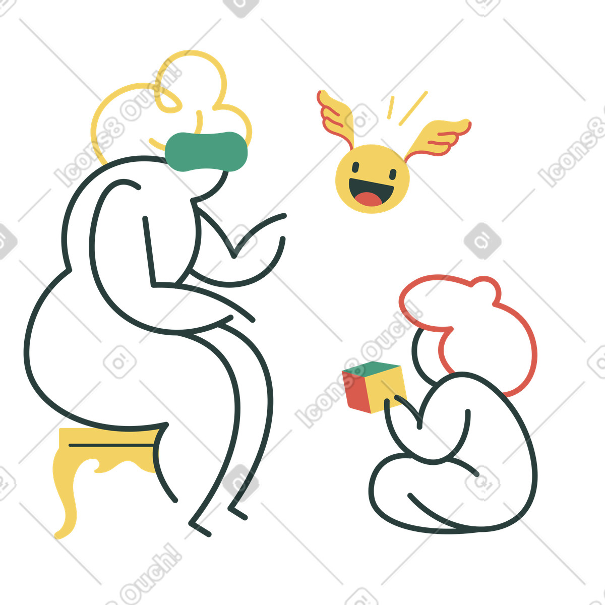下载 Macaroni 风格的 戴 vr 耳机的女人和玩游戏的孩子 插画，支持 PNG、SVG 格式