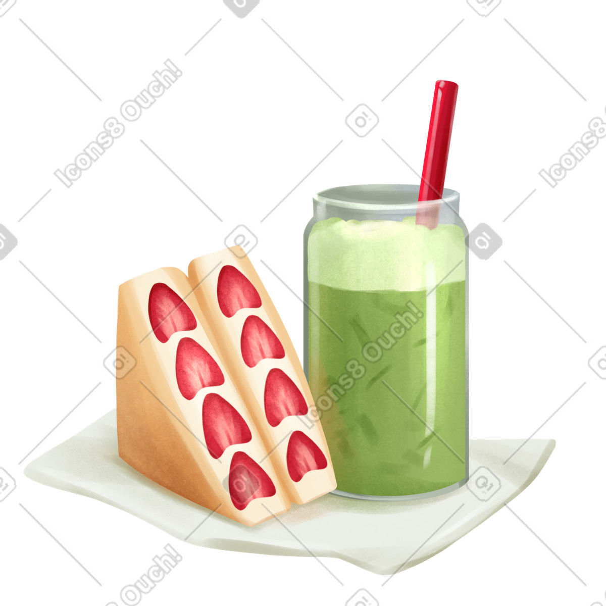 Matcha-getr&auml;nk mit koreanischem erdbeersandwich-Illustration im Demure-Stil als Download in PNG, SVG