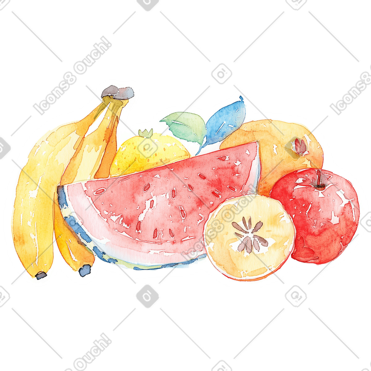 Banana, watermelon, apricots and apple illustration in Watercolor style download in PNG, SVG