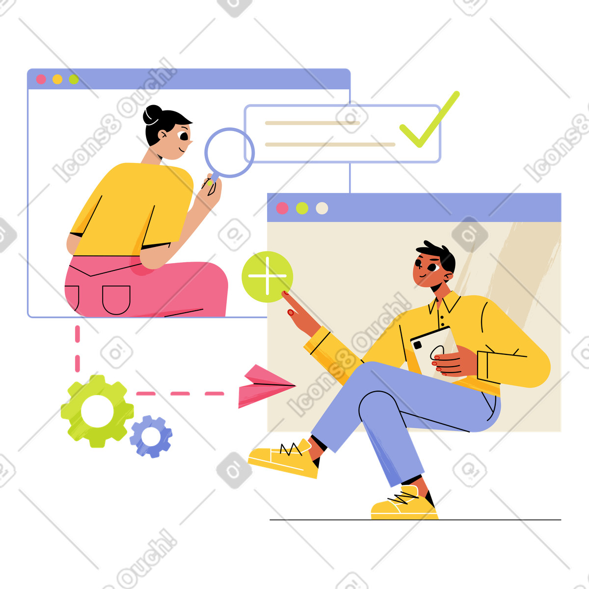 Browser windows with team working together illustration in Juicy style download in PNG, SVG