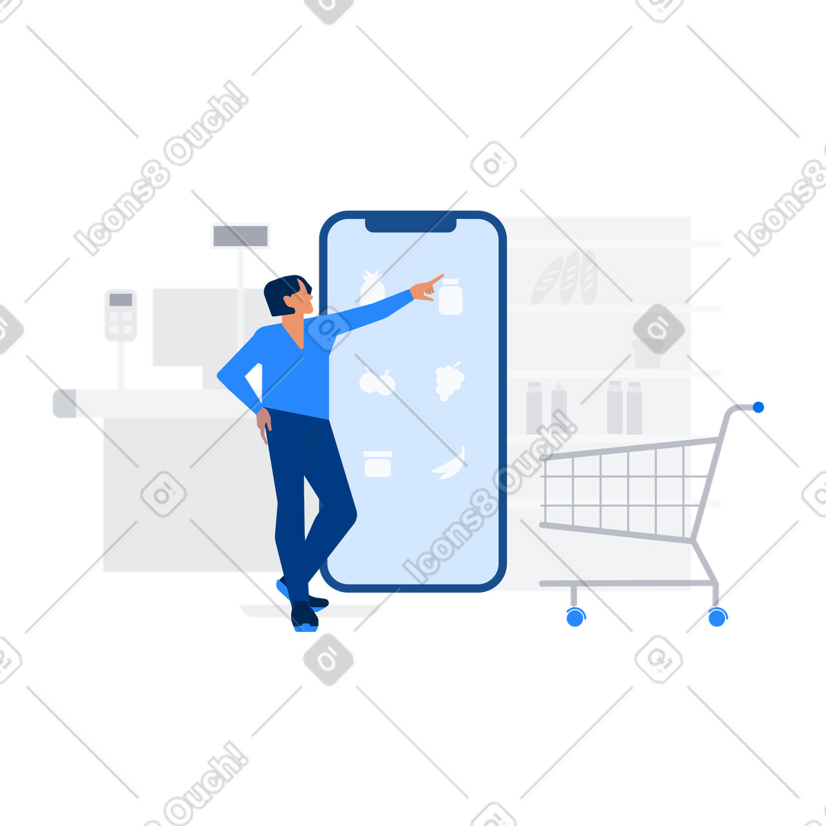 Shopper selecting groceries on smartphone, Online food shopping illustrazione in stile Urban scarica in PNG, SVG