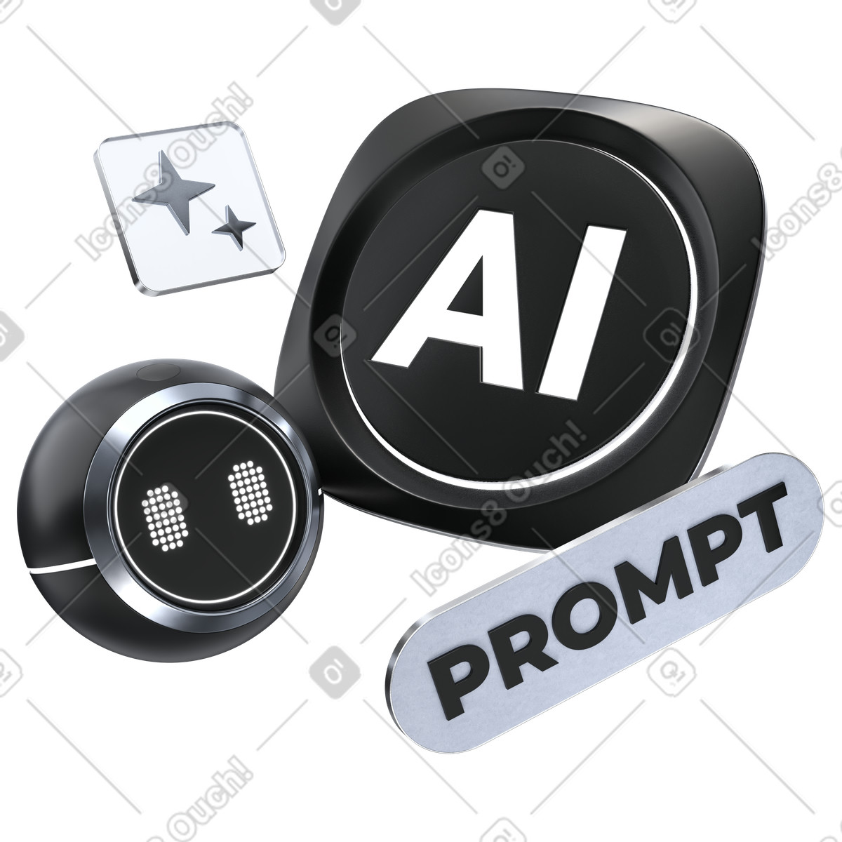 AI badge with chatbot face and prompt label, creative generative tools productivity-Illustration im 3D Pro-Stil als Download in PNG, SVG