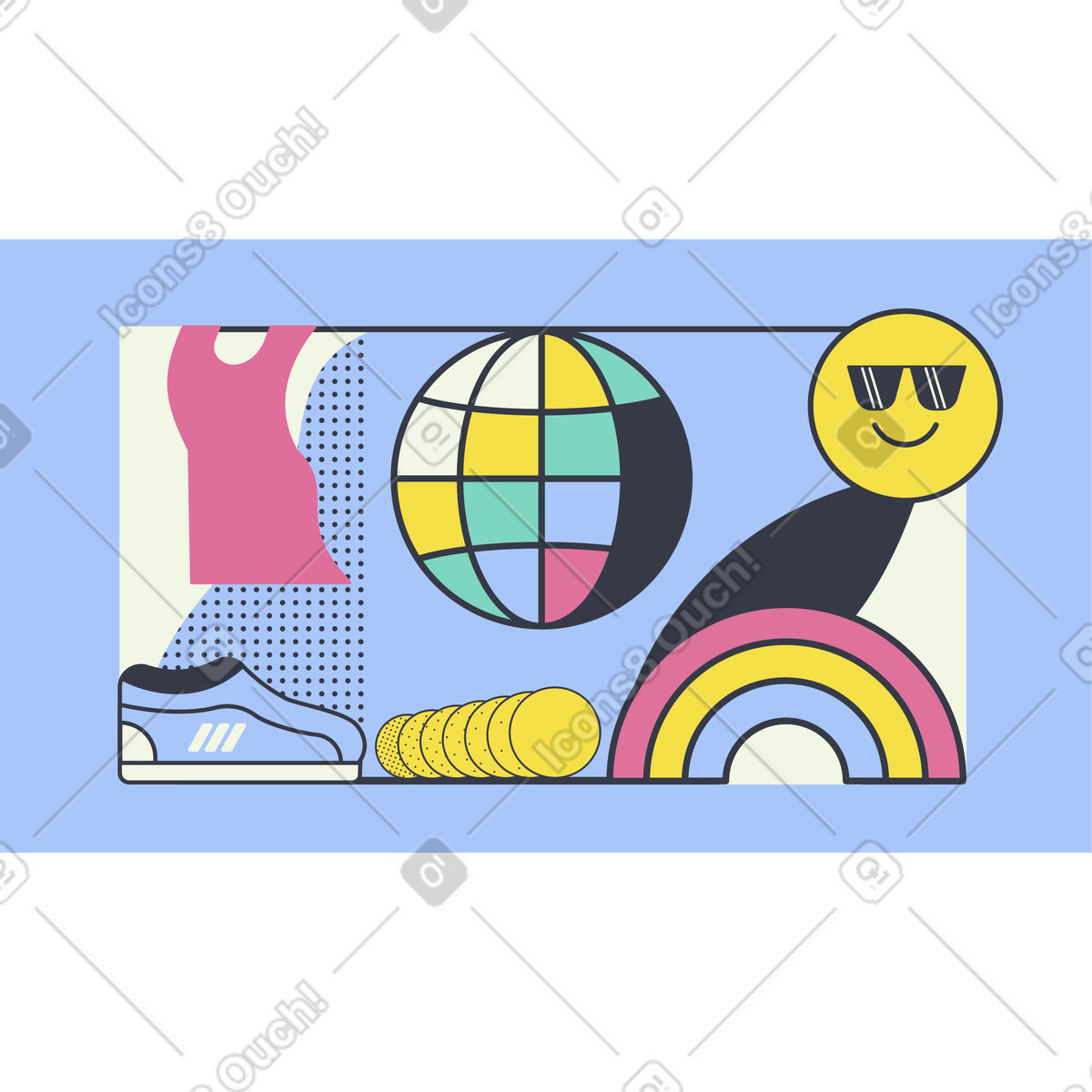 Disco ball, fashionable clothes and rainbow illustration in Abstract style download in PNG, SVG