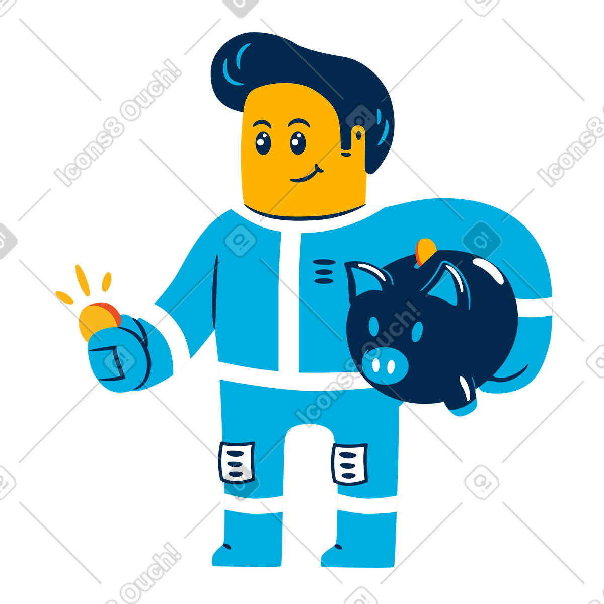 Illustration L'homme tient une pièce de monnaie et veut la mettre dans tirelire le style Flame à télécharger aux formats PNG, SVG