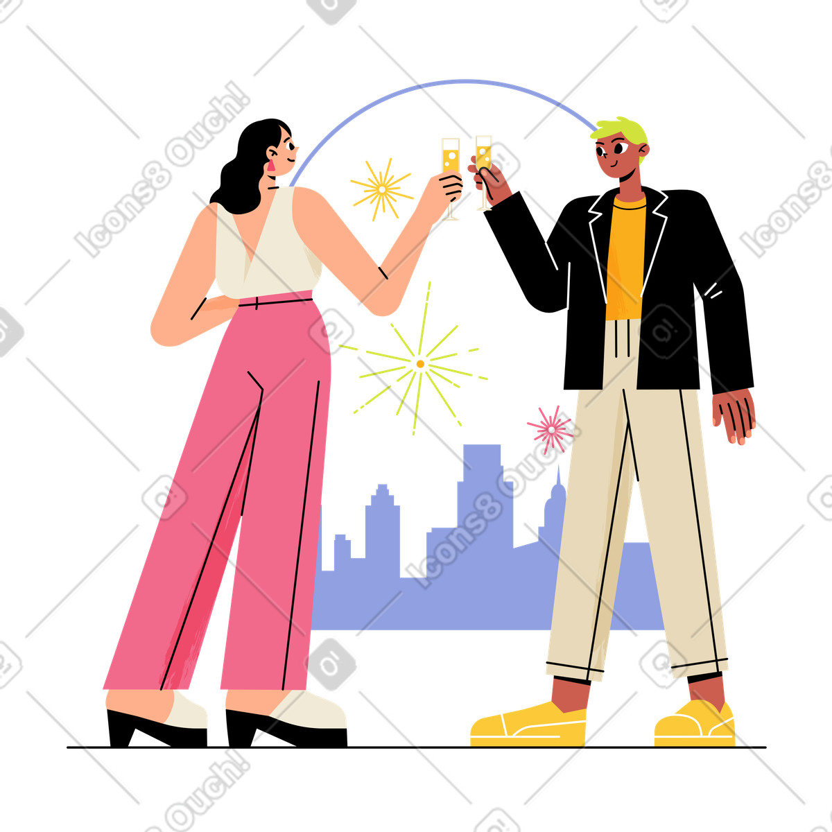 Couple clinking glasses with city skyline and fireworks, Festive New Year's Eve party illustrazione in stile Juicy scarica in PNG, SVG