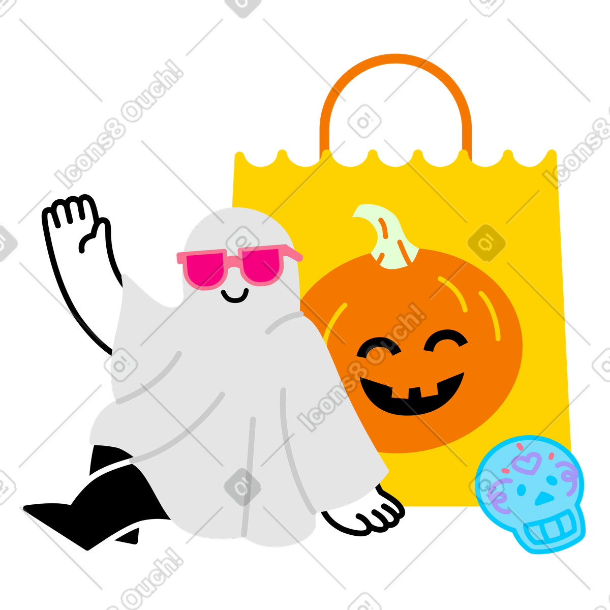 Illustration Fantôme souriant et sac de courses festif, marketing saisonnier emballage vacances ludique, campagne vente au détail d'halloween dans le style Giggle à télécharger aux formats PNG, SVG