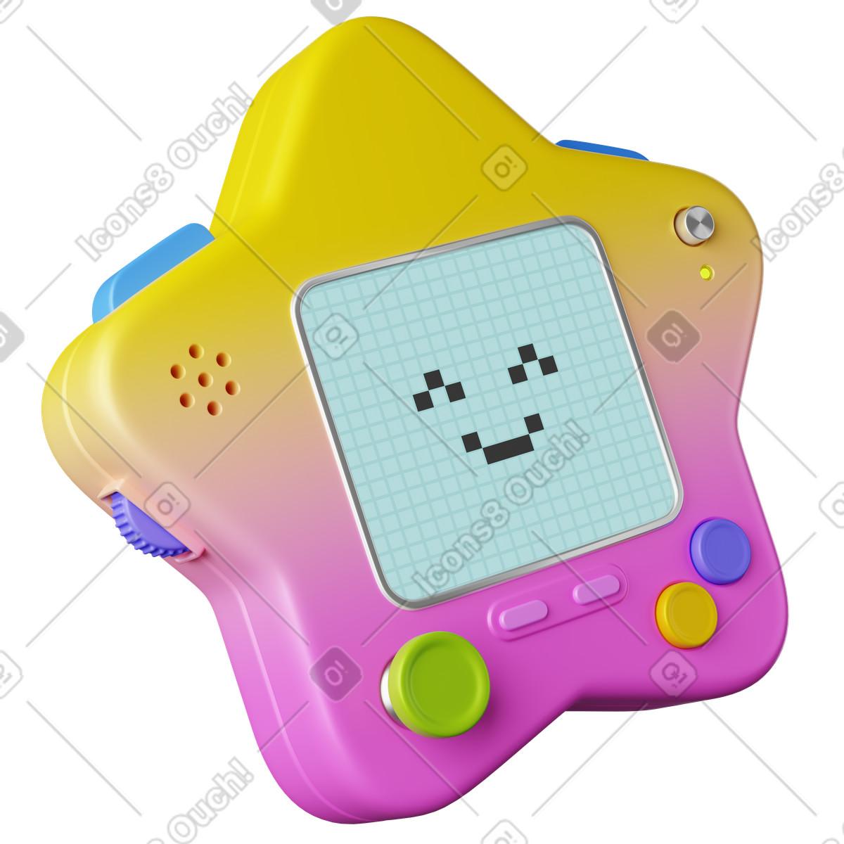 Ilustração de Console star shaped handheld game device with pixel smiley screen em no estilo 3D Plastic para baixar em PNG, SVG