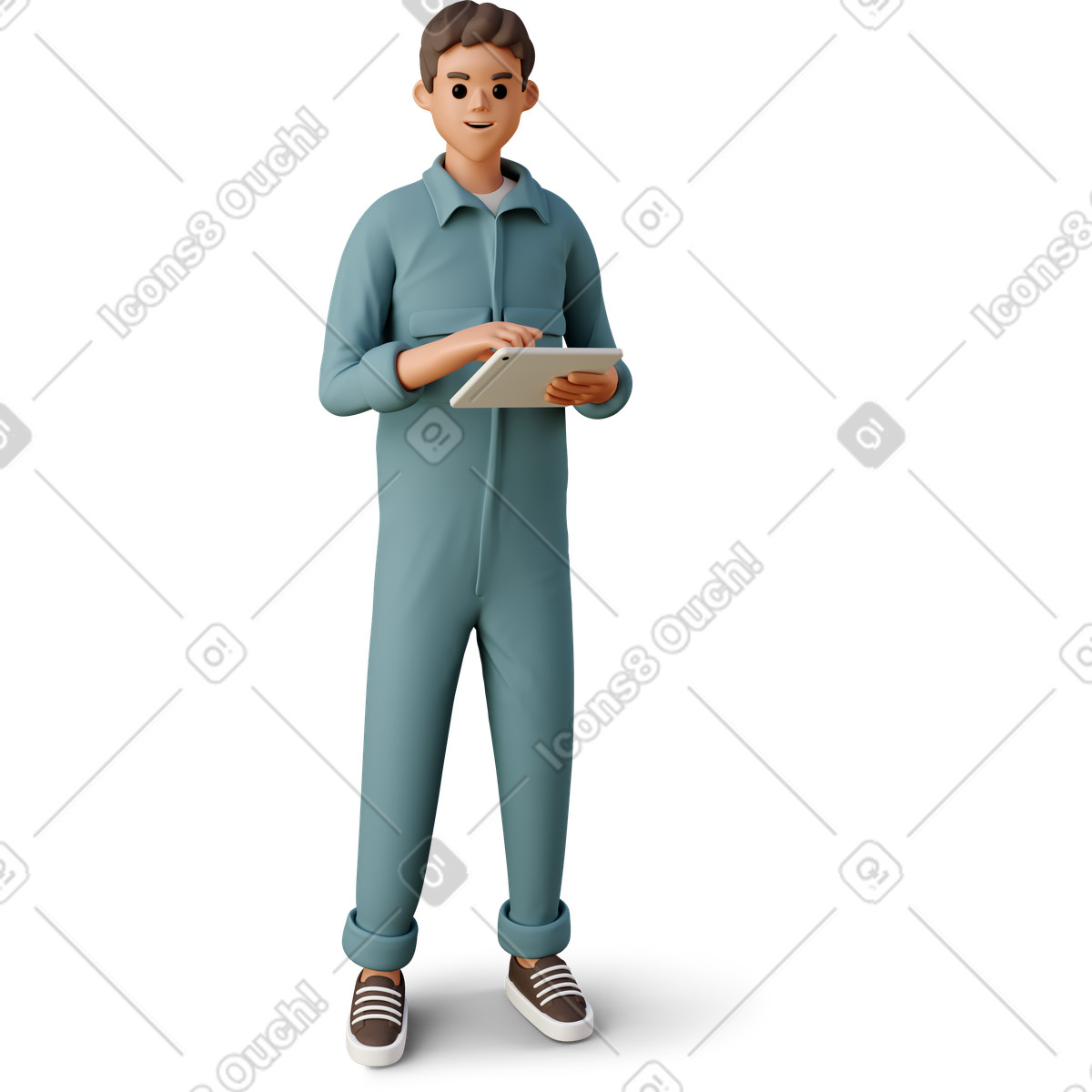 3D Casual life 스타일의 Young man in the worker jumpsuit with tablet 일러스트레이션 PNG, SVG 다운로드