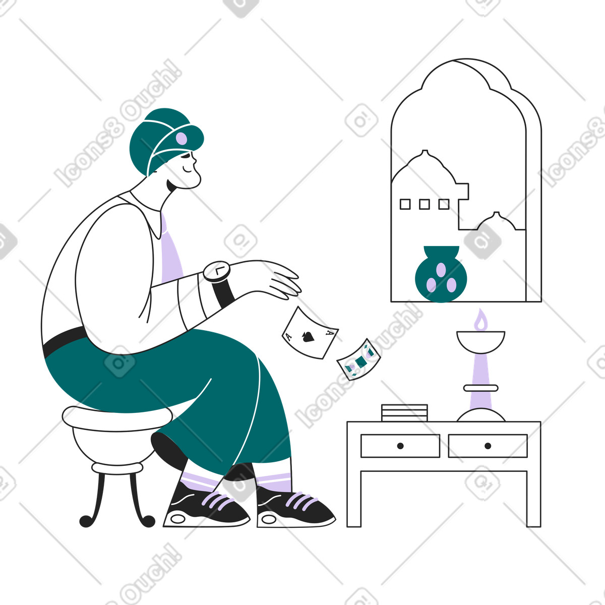 Man in turban playing card game illustration Sammy Line style download PNG, SVG