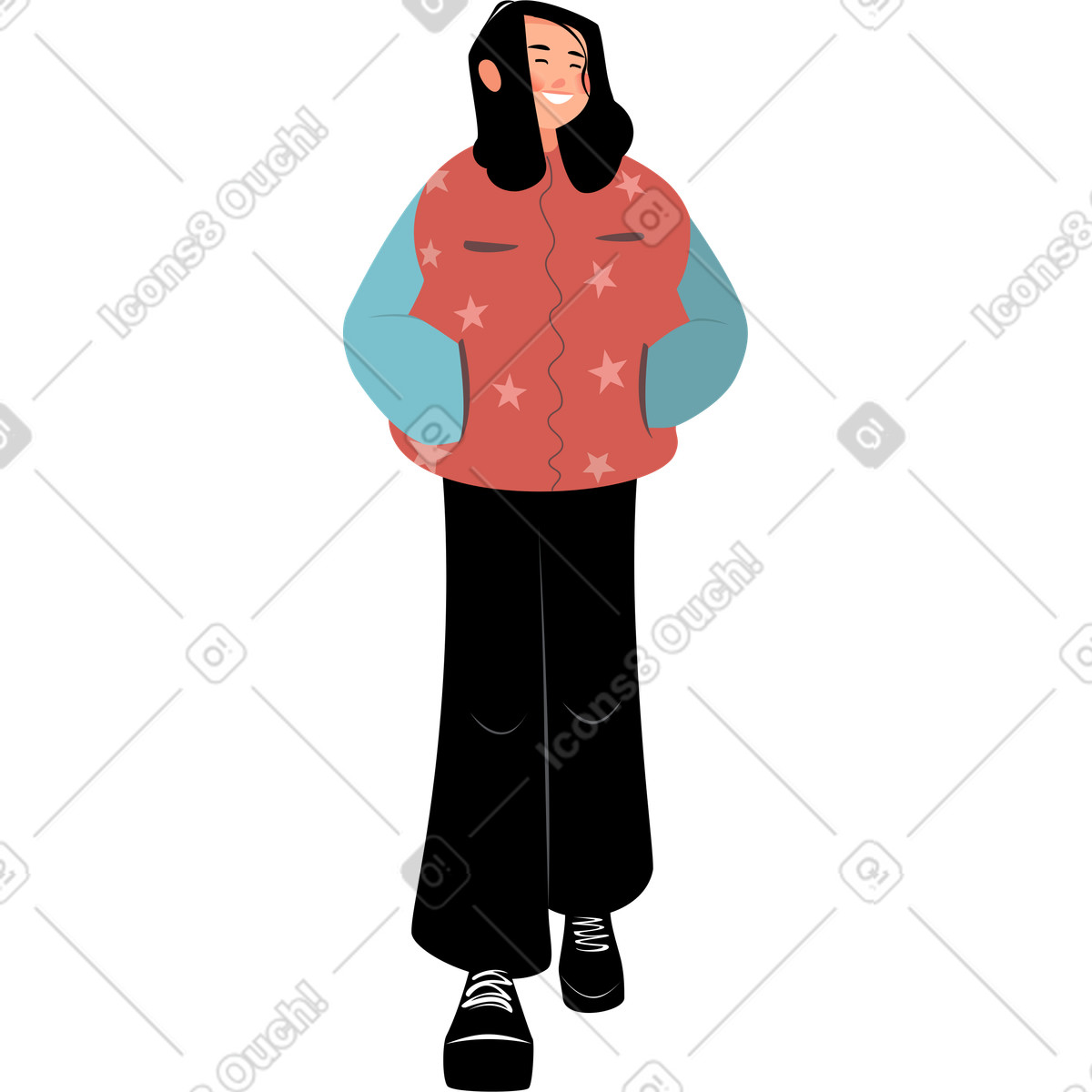 Иллюстрация Joyful woman with hands in pockets в стиле Lagom — скачать в форматах PNG, SVG