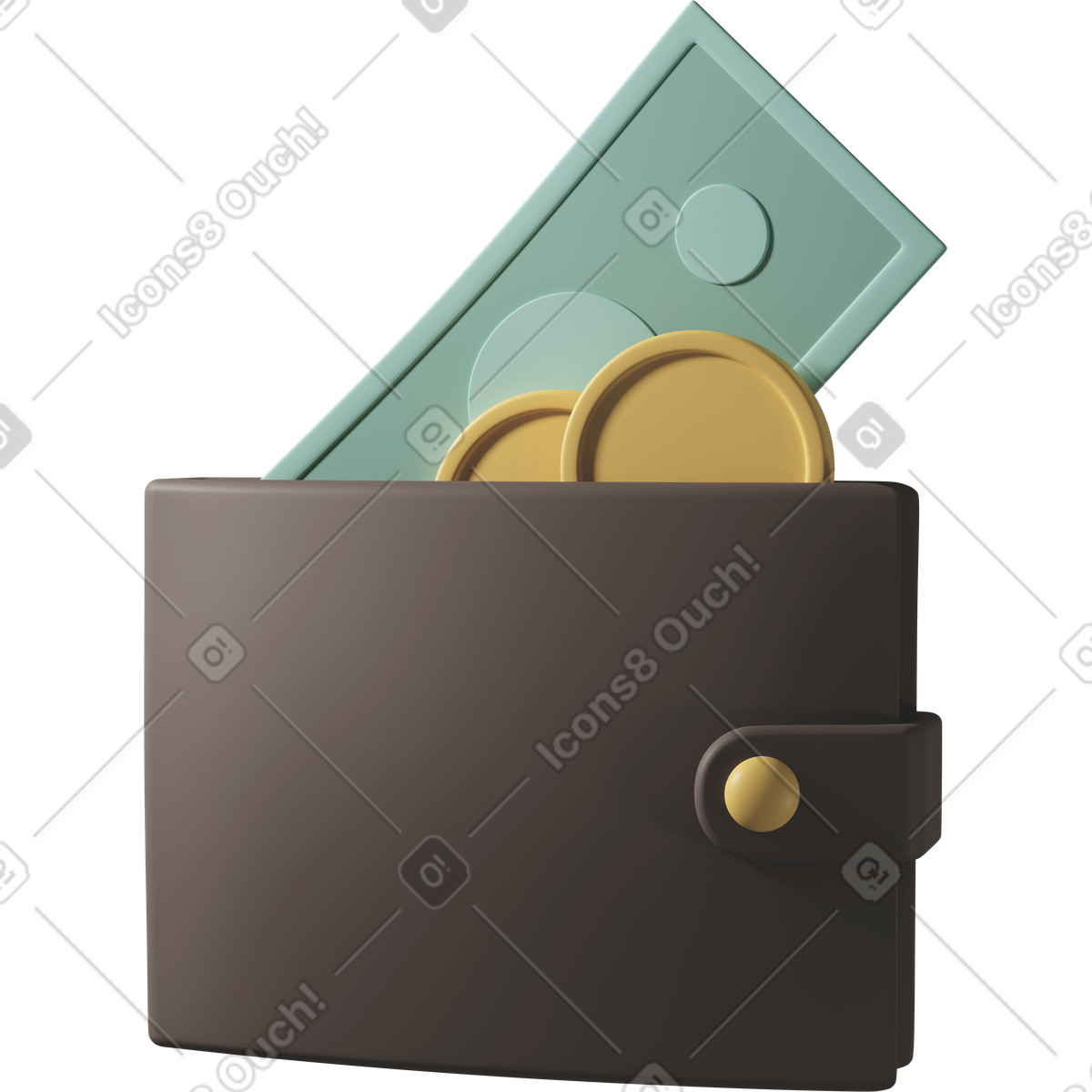 下载 3D Casual life 风格的 Brown wallet with money 插画，支持 PNG、SVG 格式