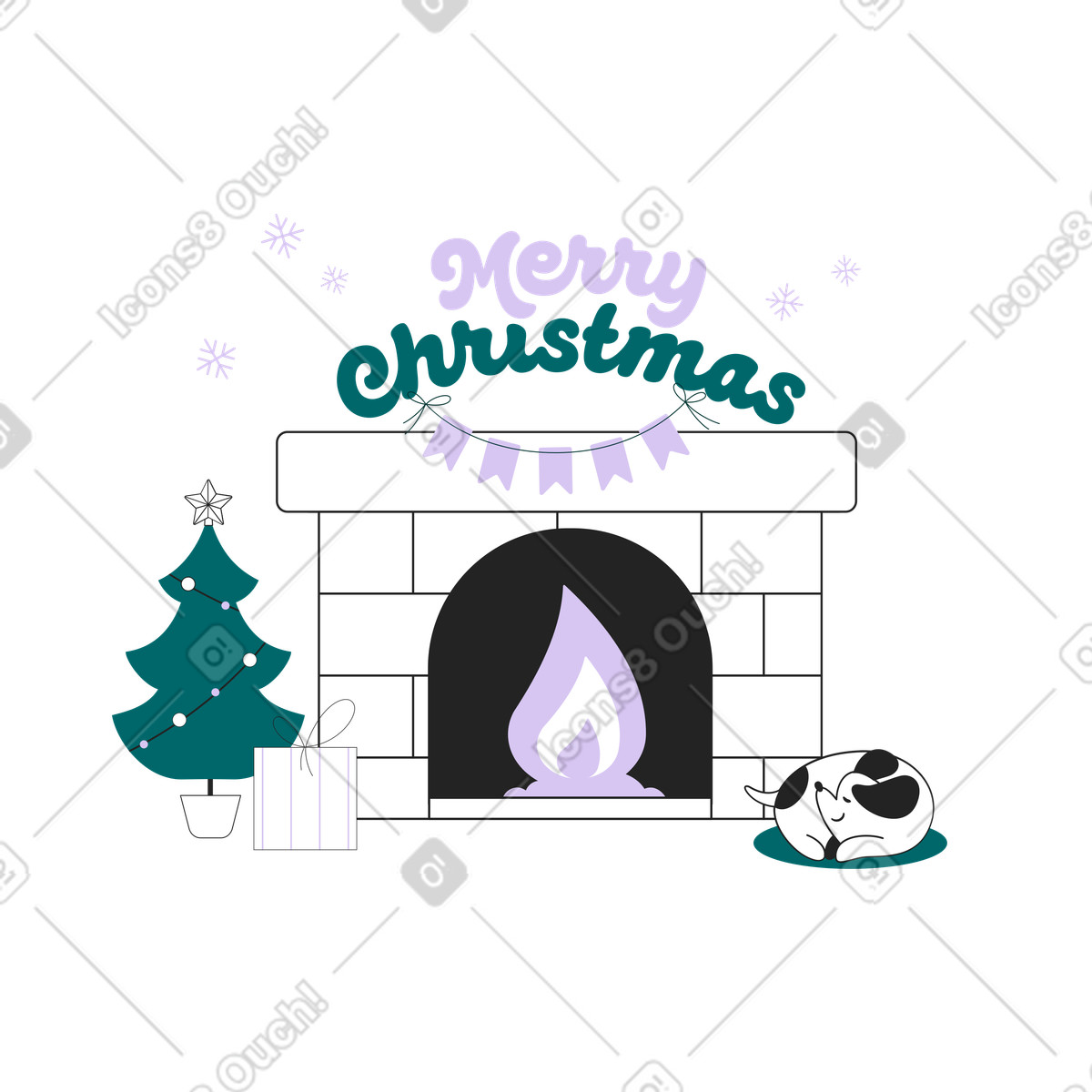 Ilustración animada Cute dog sleeping by decorated fireplace, Cozy Christmas atmosphere en estilo Sammy Line a descargar en GIF, Lottie (JSON), AE