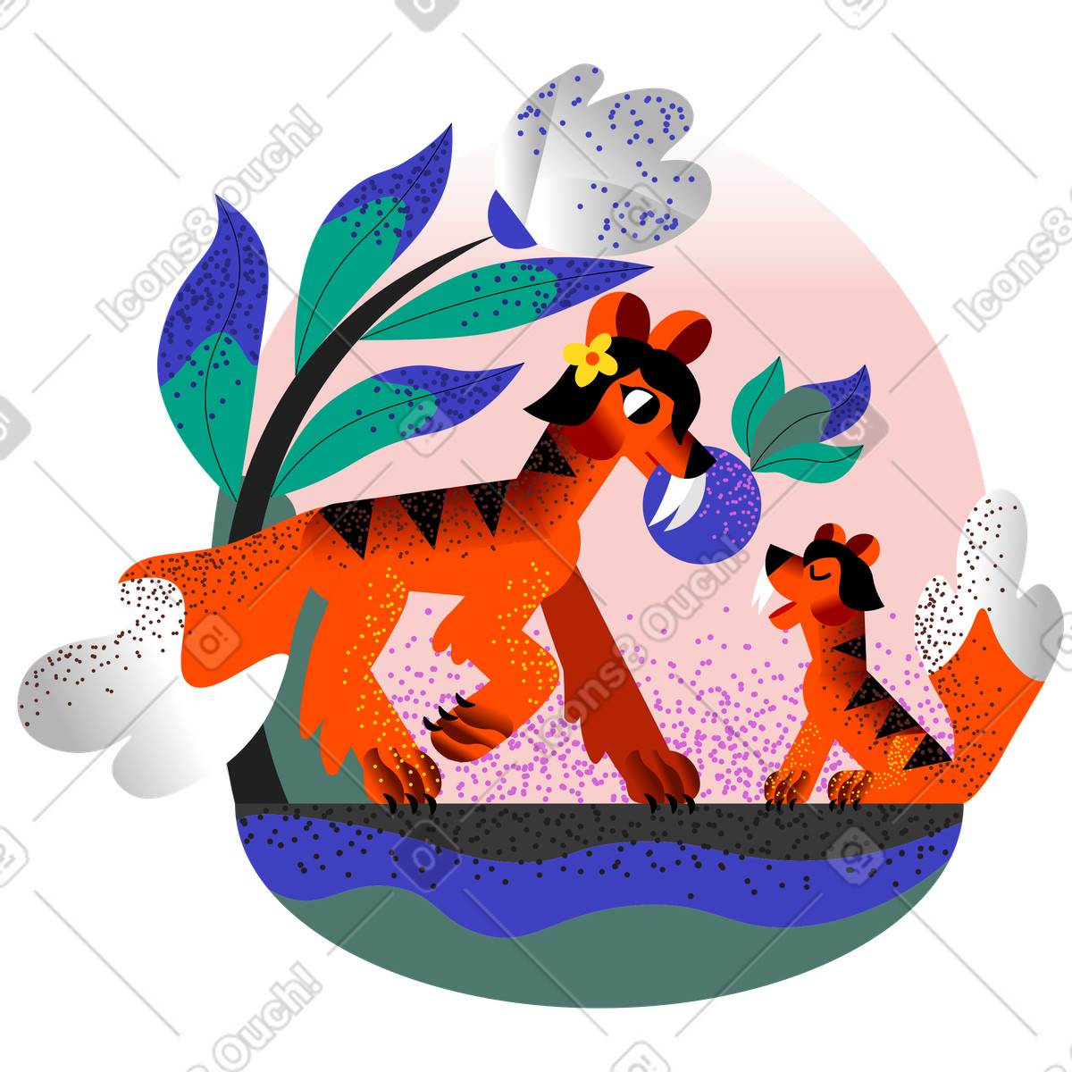 Illustration Tigresse donne des fruits à son petit dans le style Fauna télécharger aux formats PNG, SVG