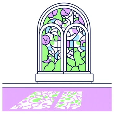 A stained glass window is positioned prominently in a wall, featuring intricate designs that form various shapes and figures. The glass panes are arranged in a mosaic pattern, with detailed depictions of floral and geometric motifs. Sunlight filters through the window, creating a vibrant array of patterns on the floor below. The patterns cast by the stained glass are distinct and colorful, covering the surface with an eye-catching display. The surrounding interior is softly illuminated by the light, enhancing the visual impact of the scene.