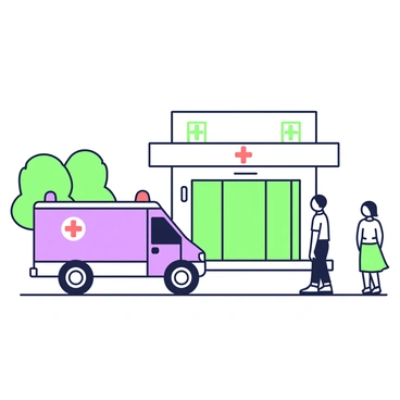 An ambulance is approaching the entrance of a hospital. The vehicle is equipped with bright flashing lights on top. The ambulance has a large red cross symbol on the side and is parked on a paved area. In front of the hospital, there are automatic sliding doors and a covered drop-off area. To the right, there are a couple of people waiting, looking towards the ambulance. A few trees are visible in the background, providing a touch of greenery.