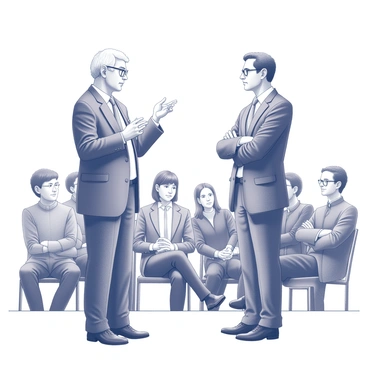 Two scholars are standing on a stage, facing each other intently. One scholar, dressed in a formal suit, gestures animatedly with one hand raised, emphasizing a point in their argument. The other scholar, wearing glasses and a tweed jacket, appears thoughtful, with arms crossed and leaning slightly forward, actively listening and preparing to respond. In the background, an audience is seated, their expressions reflecting curiosity and engagement with the ongoing debate. The overall atmosphere is one of intellectual fervor, with a spotlight focusing on the two speakers.