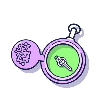 A locket is displayed on a soft surface. The locket is intricately designed with ornate patterns engraved on its exterior. It is slightly open, revealing a hidden compartment inside. Inside the compartment, there is a small key, glinting in the light. The key has an ornate design, featuring delicate engravings. The locket itself is surrounded by a gentle shadow, highlighting its unique shape.