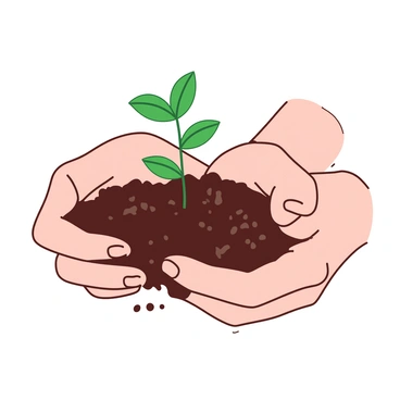 Two hands gently cradling a small green seedling emerging from rich, dark soil. The fingers are slightly curled around the seedling, showcasing the bright green leaves that contrast with the deep brown of the soil. Tiny pebbles and bits of organic matter can be seen mixed into the soil, enhancing the texture. Soft light highlights the delicate nature of the seedling, emphasizing the nurturing gesture of the hands.