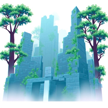 Ancient stone ruins partially obscured by dense, green vines and foliage. The structures show intricate carvings and weathered surfaces, hinting at a long-lost civilization. The atmosphere is thick with fog, softening the outlines of the ruins and creating a mysterious ambience. Tall, vibrant trees surround the ruins, their leaves glistening with moisture. Shafts of diffused light penetrate the mist, highlighting patches of the stones and the textures of the vegetation.