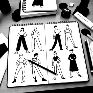 A fashion designer's sketchbook is open on a wooden table, displaying a page filled with detailed body illustrations. Each illustration highlights different poses of a model, showcasing the fluidity and movement of fabric. There are elegant lines outlining the bodies, with various garment designs sketched in, including dresses, suits, and accessories. Scattered around the sketchbook are pencils, erasers, and fabric swatches, adding to the creative atmosphere of the workspace. The background reveals additional sketchbooks stacked neatly and a soft light illuminating the page.
