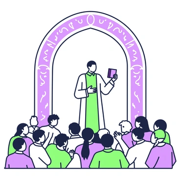 A large archway glows brightly in the background, featuring intricate designs around its edges. Standing at the center of the archway is a preacher with a confident stance, dressed in a long robe. The preacher is speaking passionately, with one hand raised and the other clutching a book. In front of the archway, a diverse crowd of people is gathered, listening intently. The crowd includes men and women of various ages, some holding hands and others with expressions of engagement. The scene captures the interaction between the preacher and the audience, with the archway framing the moment.