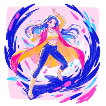 A character named "Makima" is depicted in a fierce battle stance, with one foot forward and her arms raised confidently. She has long, straight hair that flows elegantly behind her. Her outfit is fitted and sleek, emphasizing her assertive posture. Surrounding her are swirling dark shadows that twist and turn, creating a dynamic sense of movement. A hint of determination can be seen on her face, highlighting her control of the situation. The shadows contrast with her figure, making her the focal point of the scene.