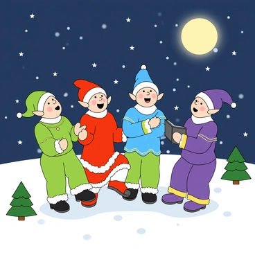 A cheerful group of four elves is singing Christmas carols together. Each elf has pointy ears and wears colorful outfits; one elf is dressed in bright green with gold accents, another in red and white, the third in blue with silver decorations, and the last in purple with yellow trim. They are gathered closely, their mouths open in song, with joyful expressions on their faces. The starry night sky above them is filled with twinkling stars, and a large, glowing moon casts a soft light over the scene. Snow gently falls around them, covering the ground in a white blanket, while small evergreen trees are sprinkled throughout the background.