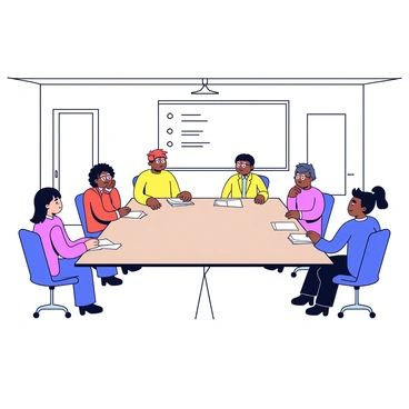 A meeting room with a long rectangular table surrounded by several people. Each person has a slightly slouched posture and a blank expression on their faces. Their eyes are wide and glazed, conveying a sense of agreement without critical thought. The walls of the room are adorned with neutral colors, and a large whiteboard stands at one end, showing simple bullet points. A few documents are scattered across the table, adding to the atmosphere of a routine discussion. A bright overhead light illuminates the room, highlighting the uniformity of the participants' responses.