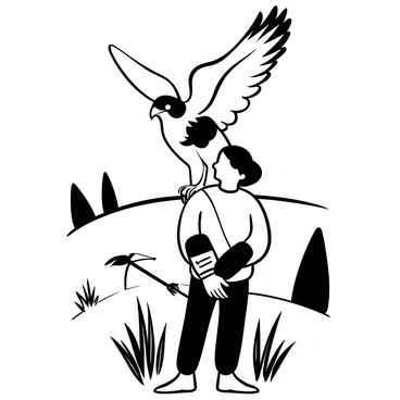 A predator hawk with sharp, defined feathers is perched on a falconer's shoulder. The falconer is dressed in traditional hunting attire, with a leather gauntlet on one arm. The surrounding environment features tall grass and trees, indicating a rural setting. The hawk's wings are slightly extended, showcasing its impressive wingspan. In the distance, there is a blurred outline of potential prey, adding to the hunting atmosphere. The scene captures the bond between the falconer and the hawk in a moment of anticipation.