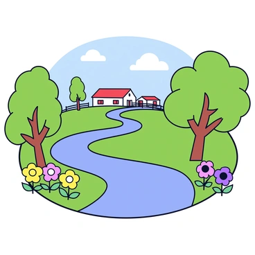 A winding country road with a smooth surface curves gently through the landscape. On either side of the road are tall trees with green leaves that cast soft shadows. Colorful blooming flowers in various shades of yellow, pink, and purple grow alongside the road. In the distance, a peaceful farmhouse with a red roof is visible, surrounded by a green lawn and a wooden fence. The sky above is clear with a few fluffy white clouds.