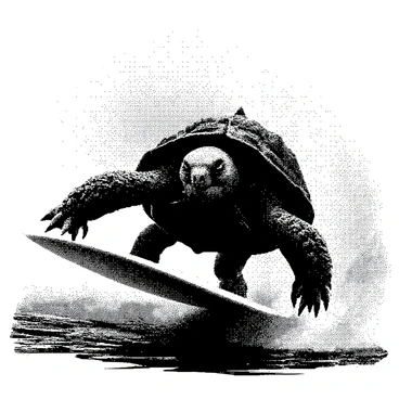 A large turtle-like creature is balancing on a surfboard while riding a massive wave in the ocean. The creature has a spiky shell and sharp claws. Its eyes are focused ahead, with determination evident on its face. The wave towers high, curling over, creating a dynamic and intense scene. The ocean is depicted with splashes of water around the surfboard, emphasizing the motion and energy of the moment.