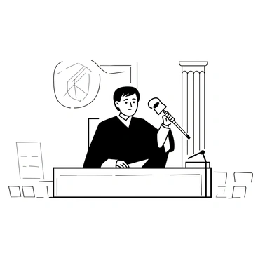 A judge in a robe presiding over a courtroom, with a gavel in hand