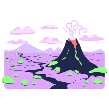 A volcanic landscape in Iceland is depicted with active geological features. In the foreground, there is a prominent volcano with a conical shape, showing signs of recent eruptions with dark, rugged lava flows cascading down its sides. To the left, a series of fissures and cracks in the ground are visible, releasing wisps of steam. Scattered across the barren terrain, patches of green moss can be seen among the rocky surfaces. In the background, a distant mountain range stretches across the horizon, while the sky is filled with dramatic clouds, suggesting a dynamic atmosphere typical of volcanic activity.