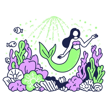 A mystical underwater scene featuring a vibrant sea filled with various mermaids. One mermaid has long flowing hair and a shimmering tail, gracefully swimming among the coral reefs. The coral reefs are diverse in shape and size, with intricate patterns and textures. Small fish of different shapes and sizes dart in and out of the coral, adding lively movement to the scene. Sunlight filters through the water's surface, casting mesmerizing patterns on the ocean floor. A few seashells are scattered amidst the corals, enhancing the enchanting atmosphere of the underwater world.