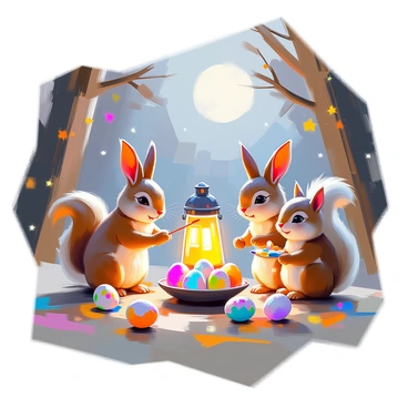 A whimsical scene depicting a variety of forest creatures gathered in a clearing, busy painting colorful Easter eggs. The creatures include a curious rabbit, a clever squirrel, and a wise owl, all working together under the soft glow of lantern light. The rabbit is holding a paintbrush, carefully applying pastel colors to an egg, while the squirrel is looking on, holding a palette filled with vibrant paints. The owl perches on a branch nearby, observing the process with keen interest. The night sky is dotted with stars, and the moonlight filters through the trees, enhancing the magical atmosphere of the scene. The ground is scattered with painted eggs in different patterns and sizes, reflecting the creativity of the forest friends.