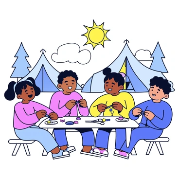 A group of children from various cultures gathered around a picnic table at a summer camp. Each child is working on their own friendship bracelet, using colorful strings and beads. The table is scattered with supplies, including scissors and extra beads. The children are smiling and chatting, showcasing a diversity of clothing styles that reflect their backgrounds. In the background, there are trees and tents typical of a summer camp setting. The sun is shining brightly, casting cheerful light over the scene.