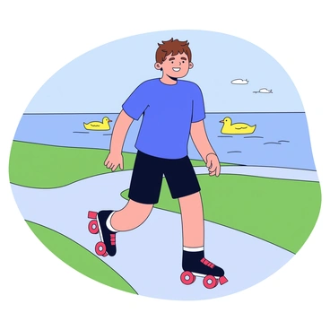 A laid-back guy roller skating along a waterfront path. He has short brown hair and is wearing a vibrant blue t-shirt and comfortable black shorts. His roller skates are black with red accents. The path has smooth pavement and is lined with green grass on each side. In the background, there is a tranquil body of water reflecting the blue sky, and a few ducks are swimming. The guy has a big smile on his face, enjoying the sunny day.