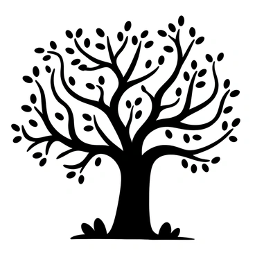 A large tree with a thick trunk and sprawling branches. The branches are intricately shaped, resembling the folds and curves of a human brain. Numerous leaves grow along the branches, echoing the organic contours of neural pathways. The scene is set on a grassy ground, with a few small rocks scattered around the base of the tree.
