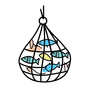 A large fisherman's net is suspended, filled with a variety of fish. Each fish displays distinct patterns and colors, with some featuring bright orange spots, while others have stripes in shades of blue and green. The net is intricately woven, with some fish peeking through the openings, showcasing their unique designs. The overall scene conveys a sense of abundance and diversity in marine life.