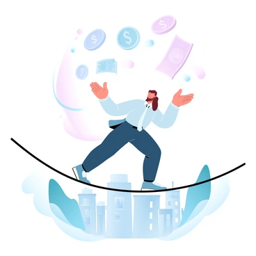 An accountant is juggling oversized coins and large bills while balancing on a tightrope. The accountant is wearing a formal outfit with a tie, and their hands are skillfully tossing the coins and bills into the air. Below the tightrope, a vibrant scene of a financial district is visible, with tall buildings and trees. A safety net is set up underneath the tightrope for added safety. The coins and bills are depicted in various colors, showcasing different denominations, while the tightrope is taut and high above the ground.