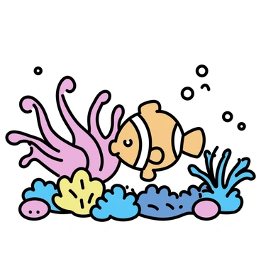 A clownfish with orange and white stripes is peeking out from behind a vibrant sea anemone. The sea anemone has long, flowing tentacles in shades of purple and pink. Surrounding them is a lively coral reef, featuring various types of corals in different colors such as blue, yellow, and orange. Small fish swim around the reef, and bubbles rise up towards the water's surface.